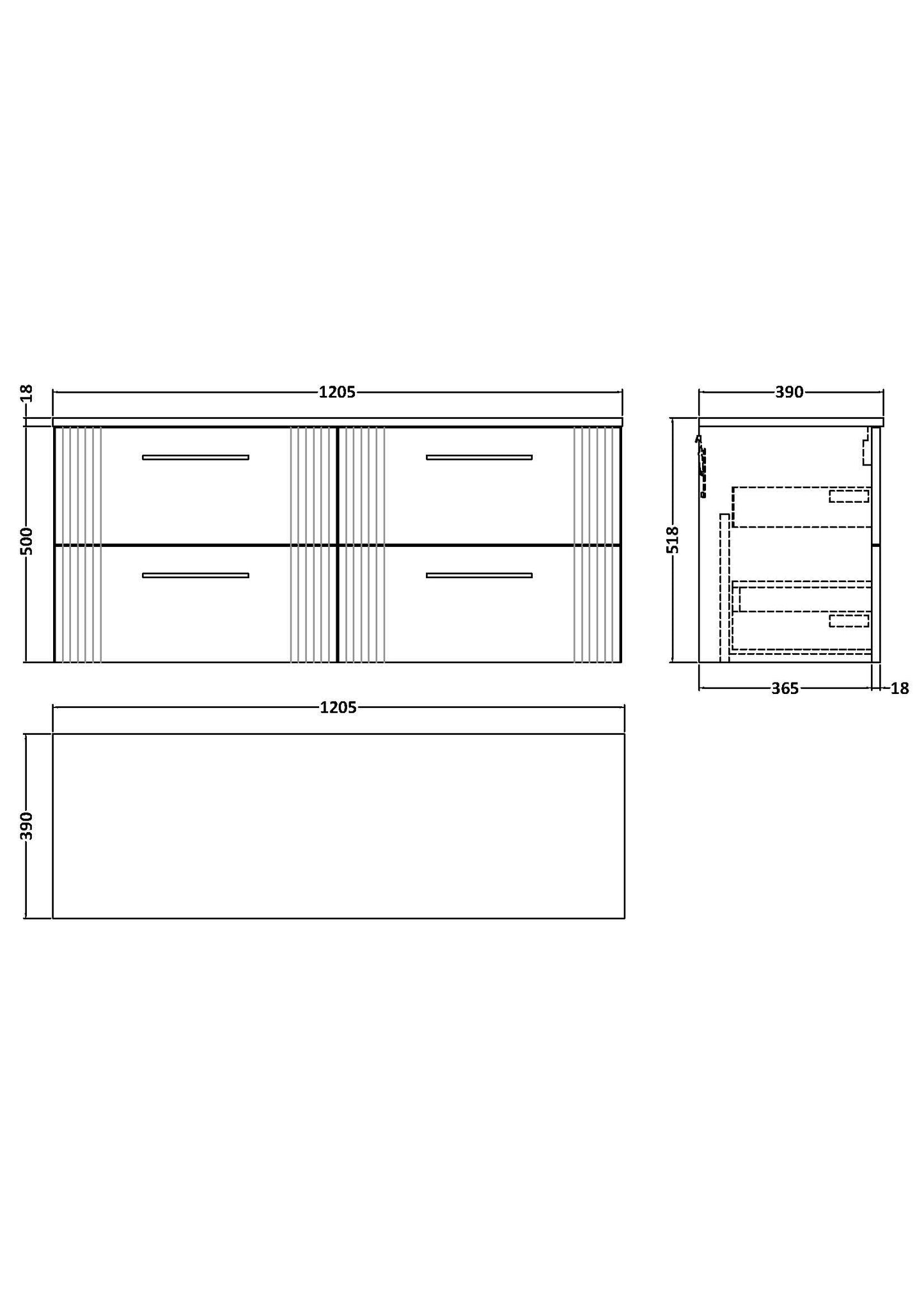 NUIE 1200mm Wall Hung 4 Drawer Vanity & Worktop