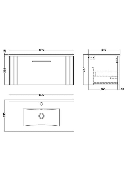 NUIE 800mm Wall Hung Single Drawer Vanity & Basin 2
