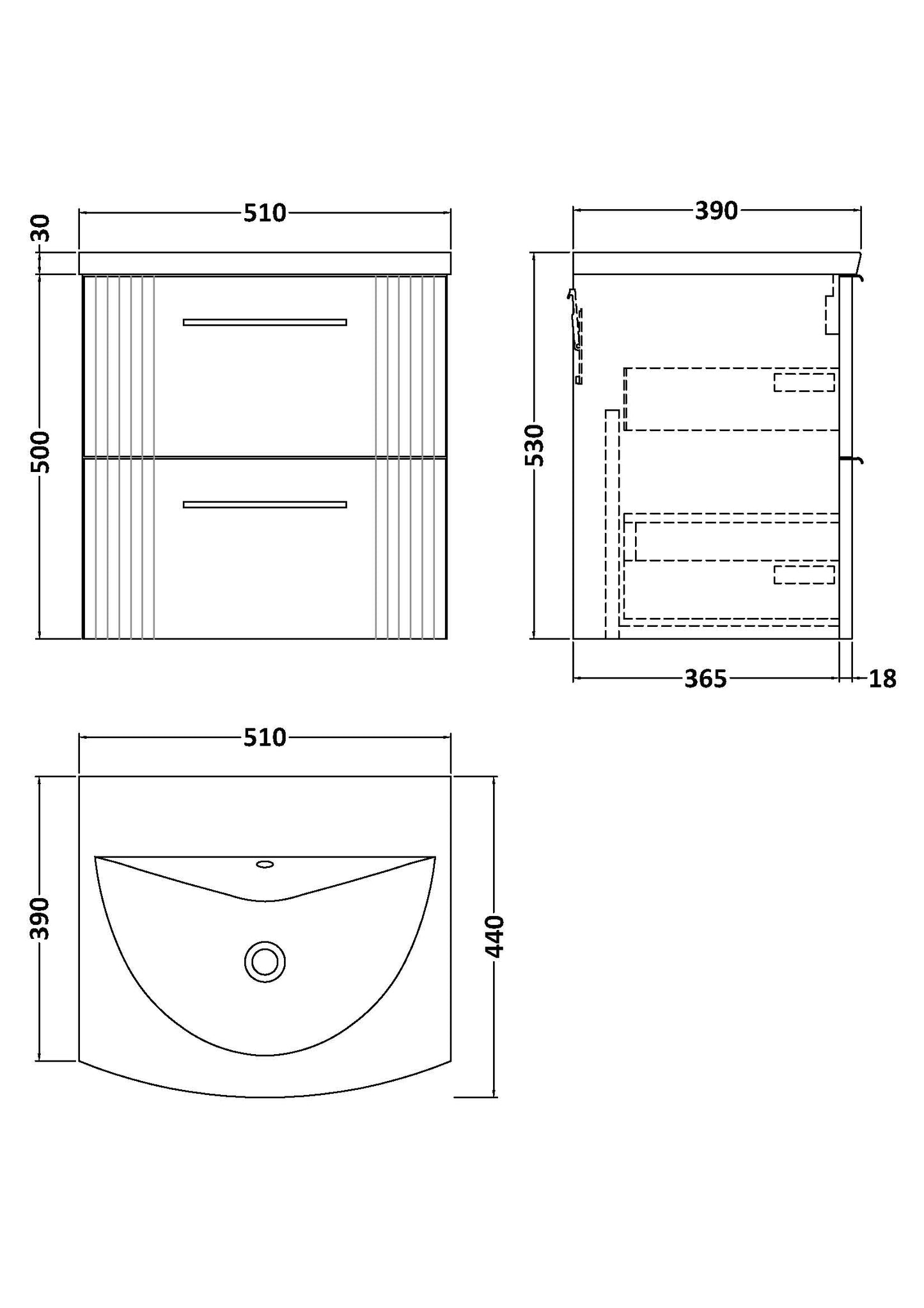 NUIE 500mm Wall Hung 2 Drawer Vanity & Basin 4