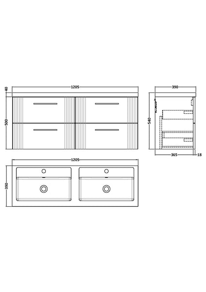 NUIE 1200mm Wall Hung 4 Drawer Vanity & Double Basin