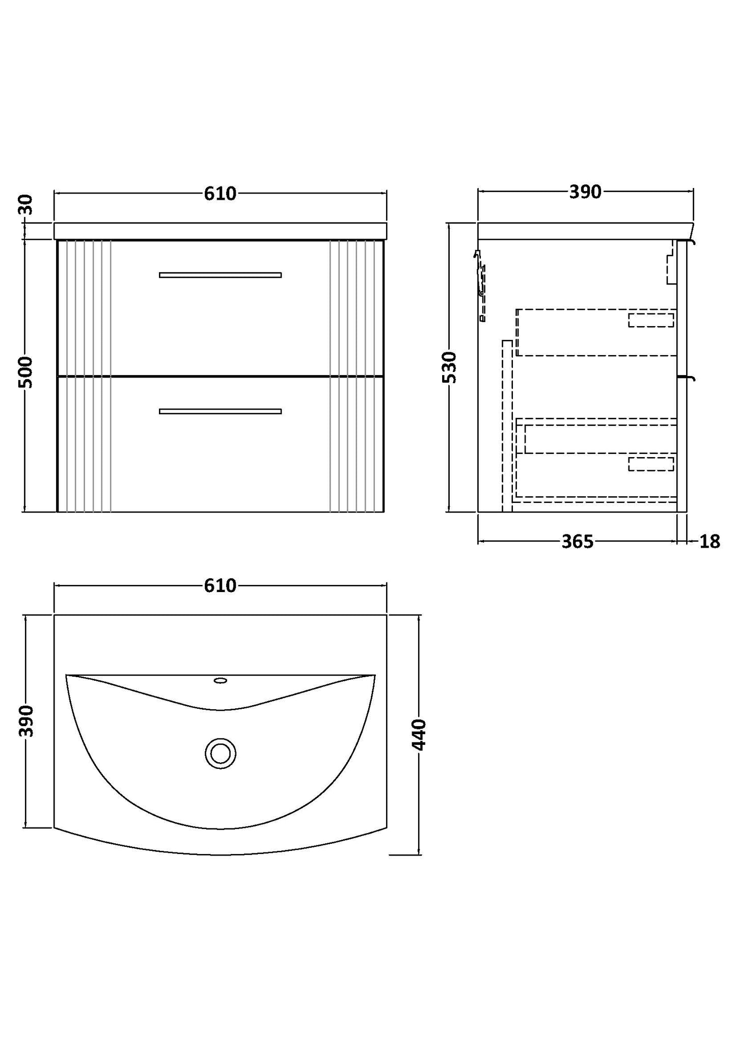 NUIE 600mm Wall Hung 2 Drawer Vanity & Basin 4