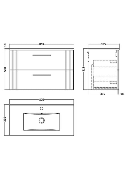 NUIE 800mm Wall Hung 2 Drawer Vanity & Basin 2