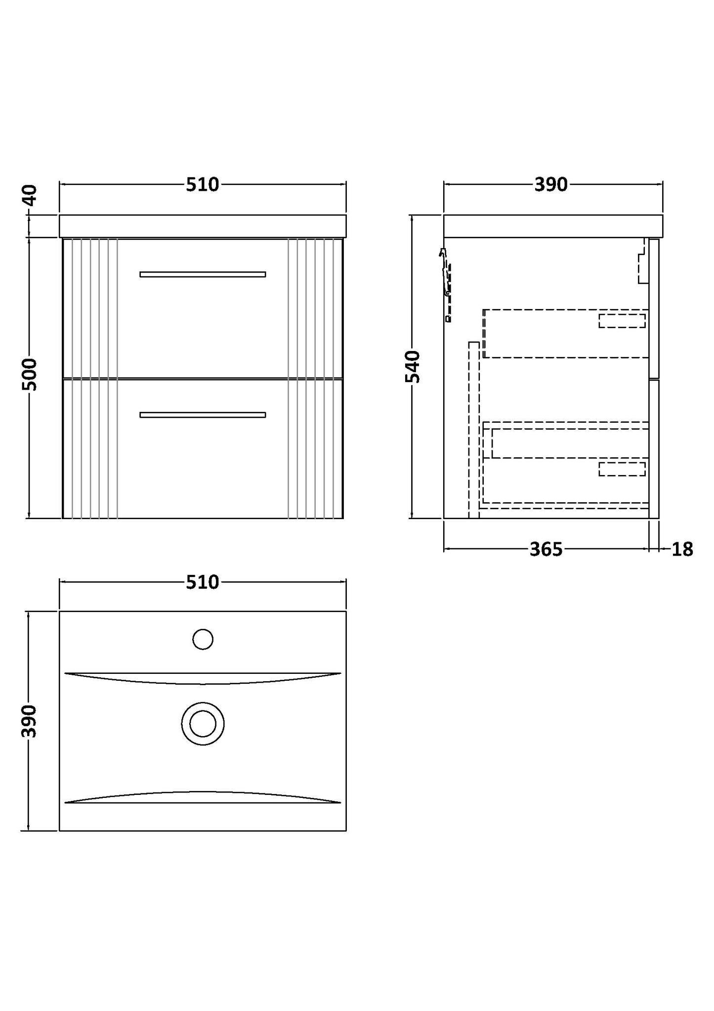 NUIE 500mm Wall Hung 2 Drawer Vanity & Basin 1