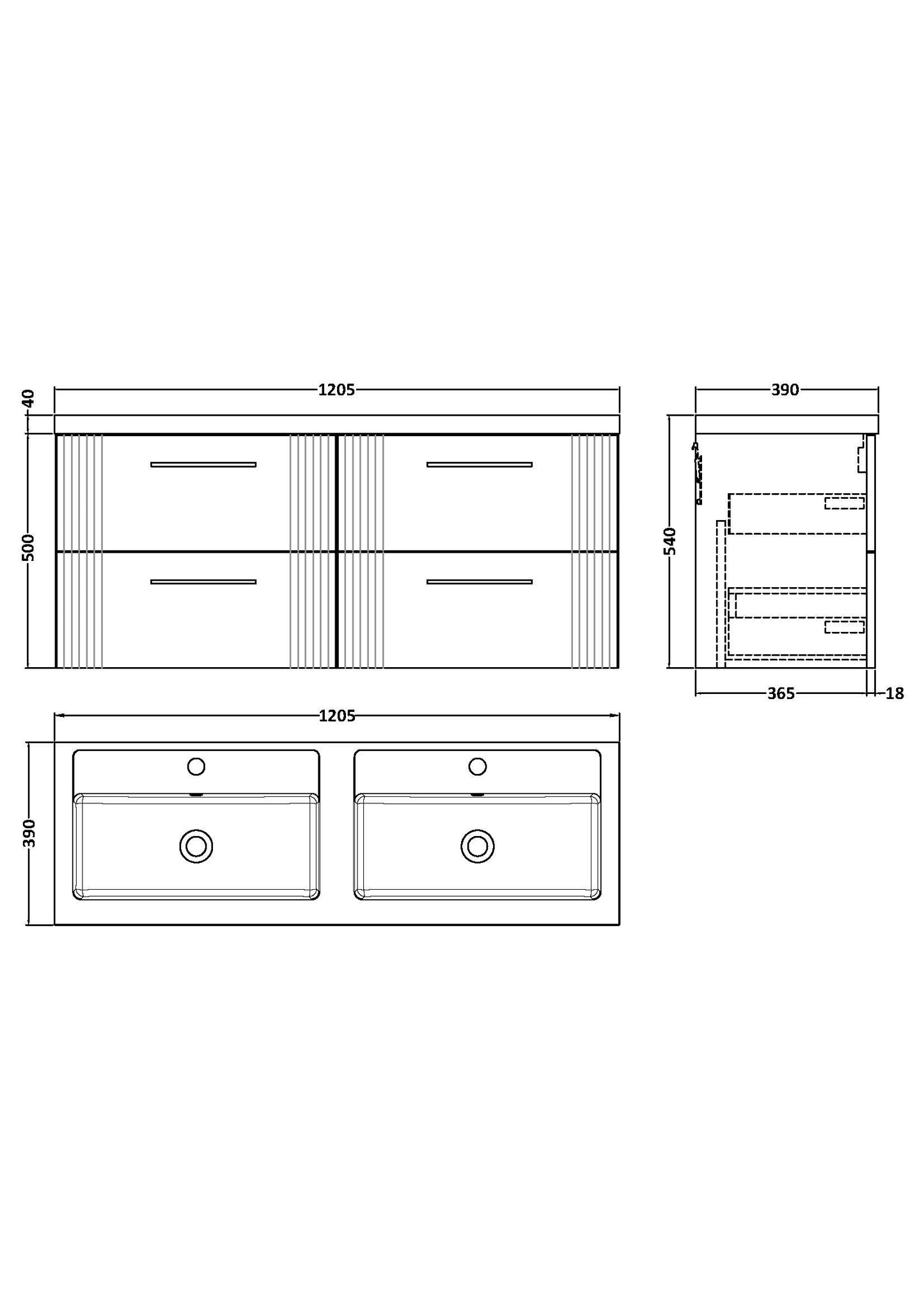 NUIE 1200mm Wall Hung 4 Drawer Vanity & Double Basin