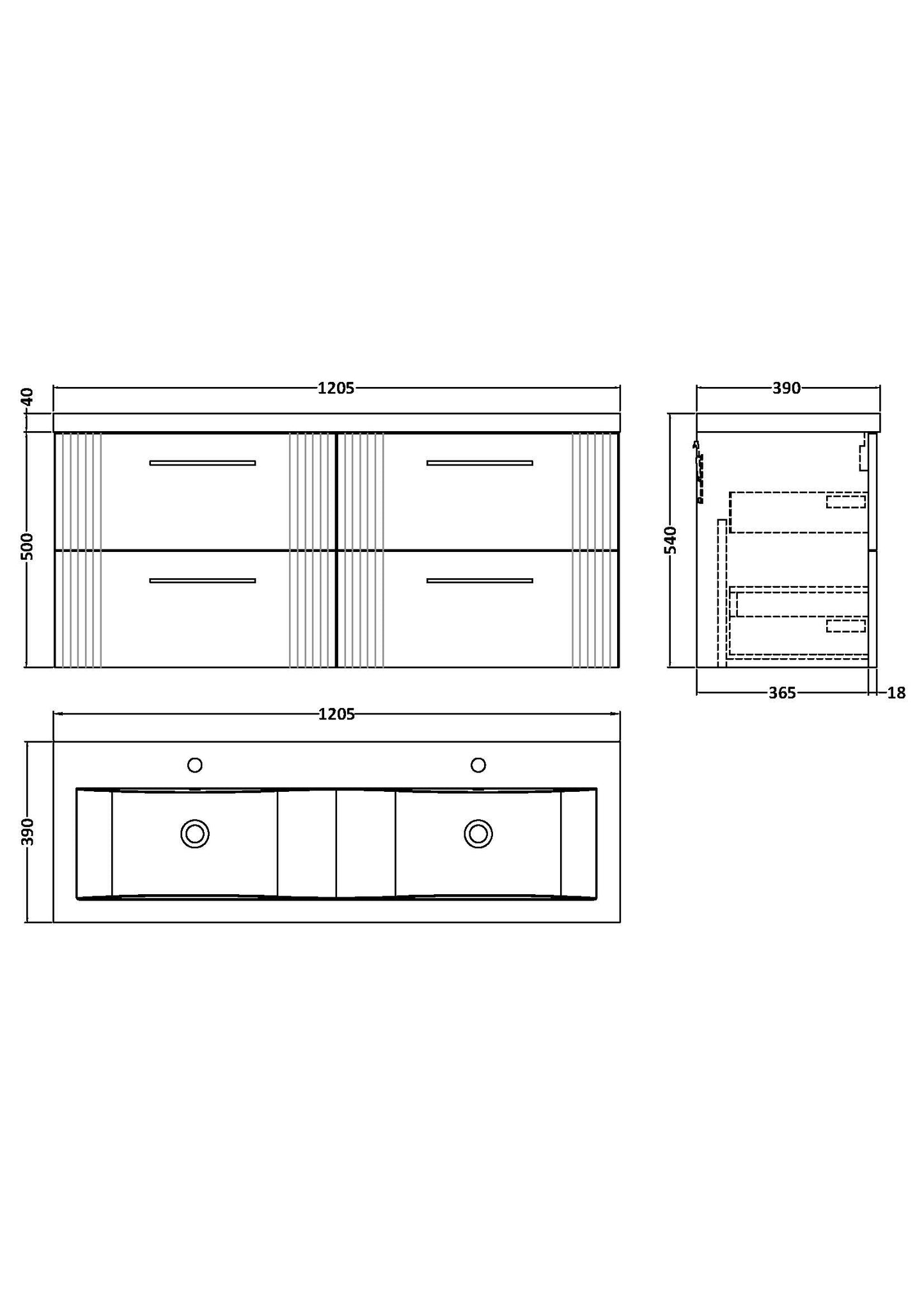 NUIE 1200mm Wall Hung 4 Drawer Vanity & Double Basin