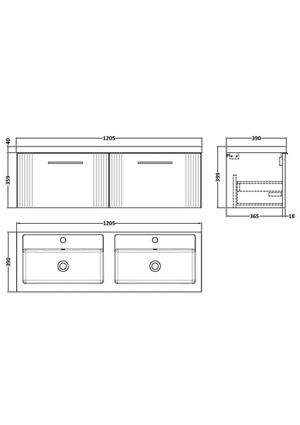 NUIE 1200mm Wall Hung 2 Drawer Vanity & Double Basin