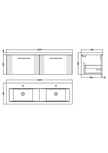 NUIE 1200mm Wall Hung 2 Drawer Vanity & Double Basin