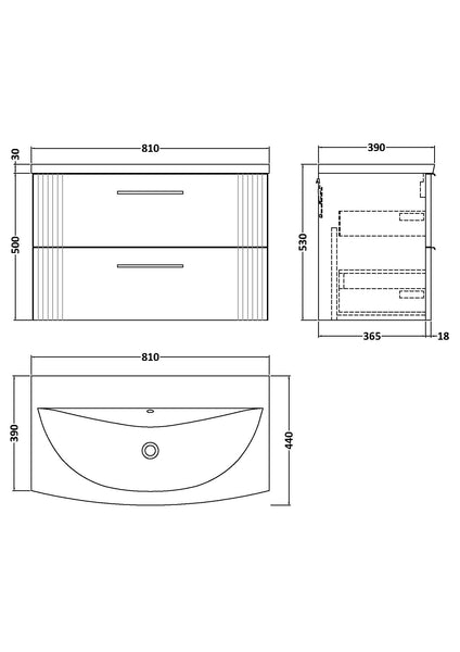 NUIE 800mm Wall Hung 2 Drawer Vanity & Basin 4