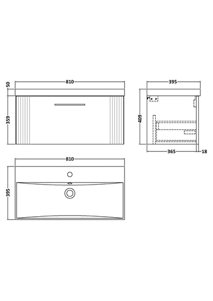 NUIE 800mm Wall Hung Single Drawer Vanity & Basin 3