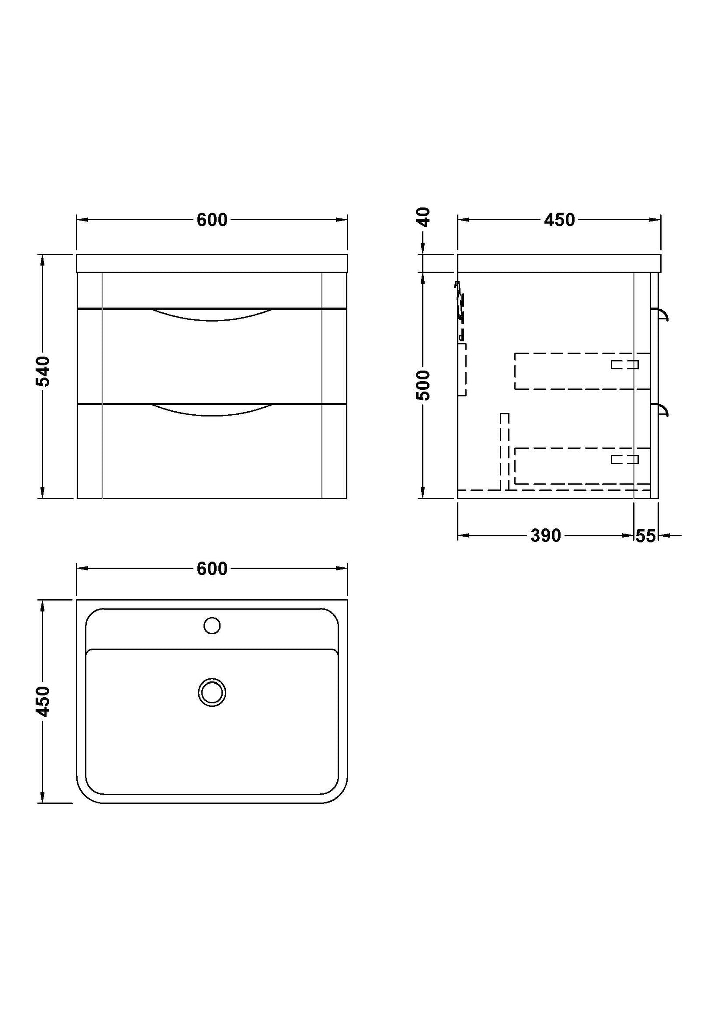 NUIE 600mm Wall Hung Vanity & Polymarble Basin