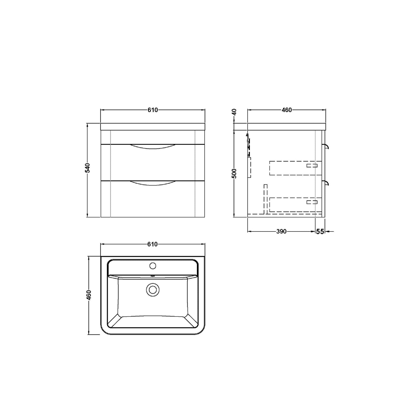 NUIE 600mm Wall Hung Vanity & Ceramic Basin