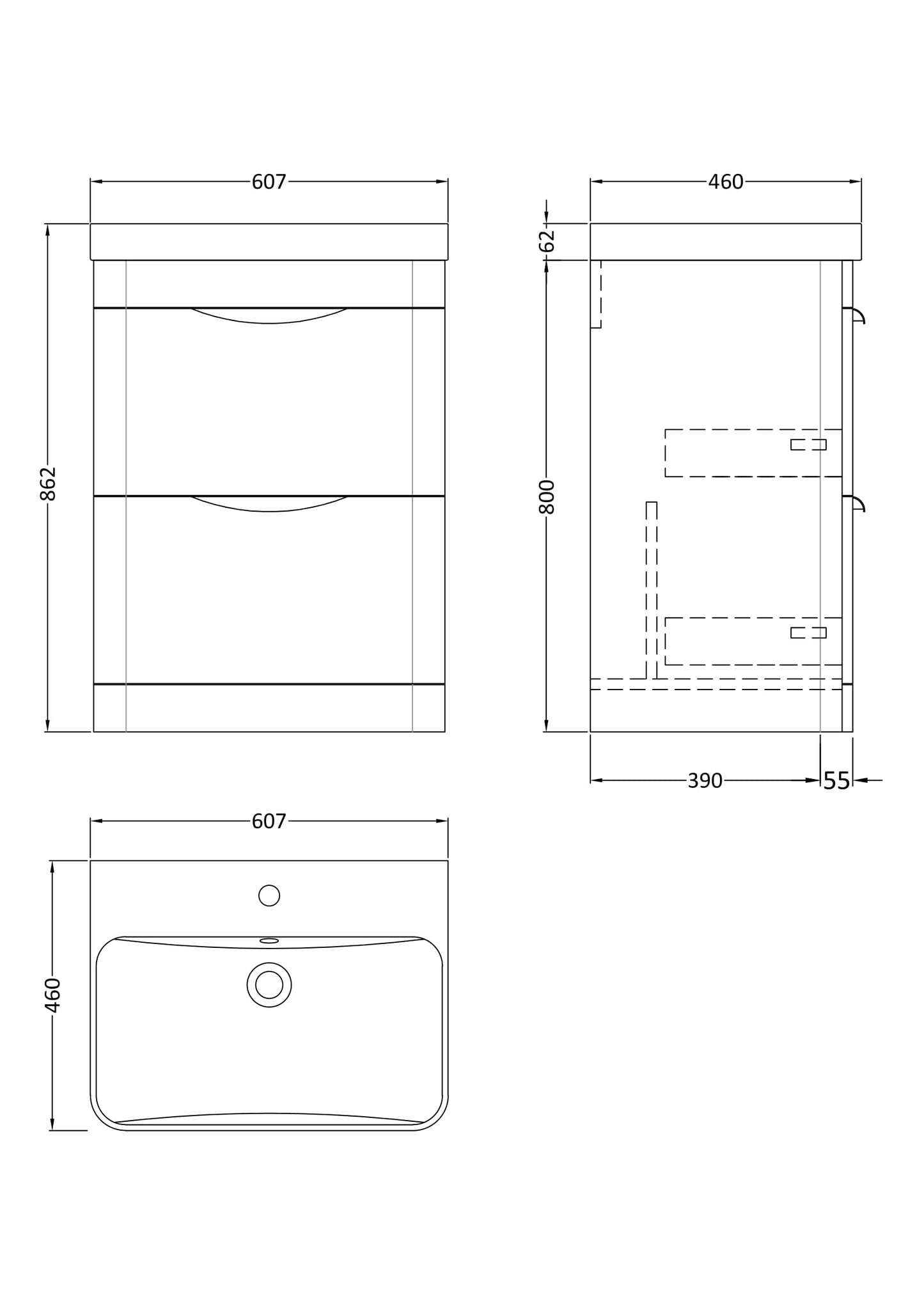 NUIE 600mm Floor Standing 2 Drawer Vanity & Thin Edge Ceramic Basin
