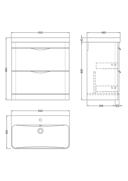 NUIE 800mm Floor Standing 2 Drawer Vanity & Thin Edge Ceramic Basin