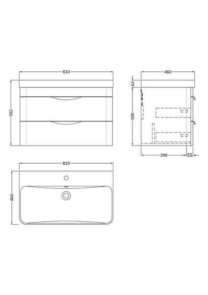NUIE 800mm Wall Hung 2 Drawer Vanity & Thin Edge Ceramic Basin