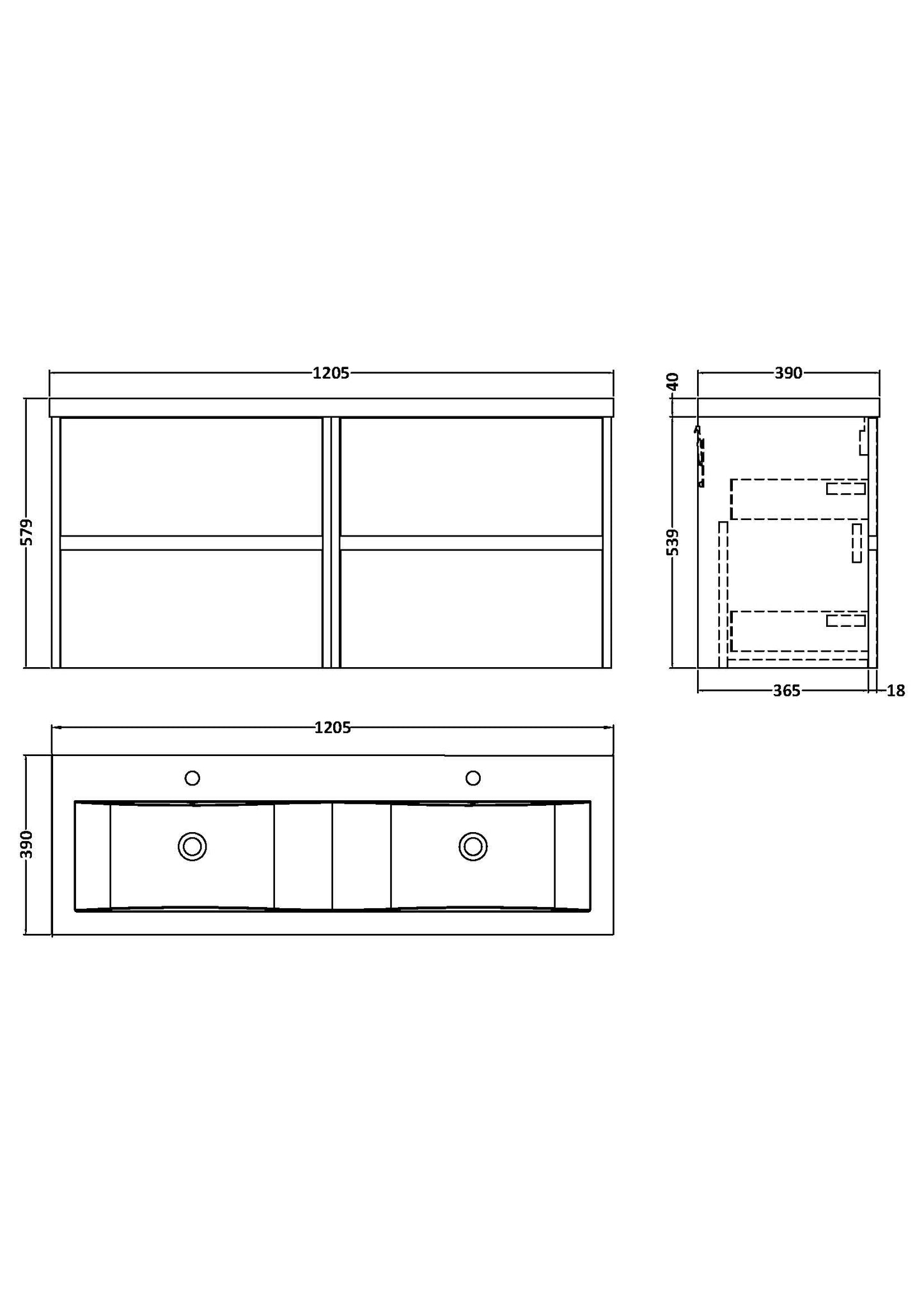 NUIE 1200mm Wall Hung 4 Drawer Unit & Double Basin