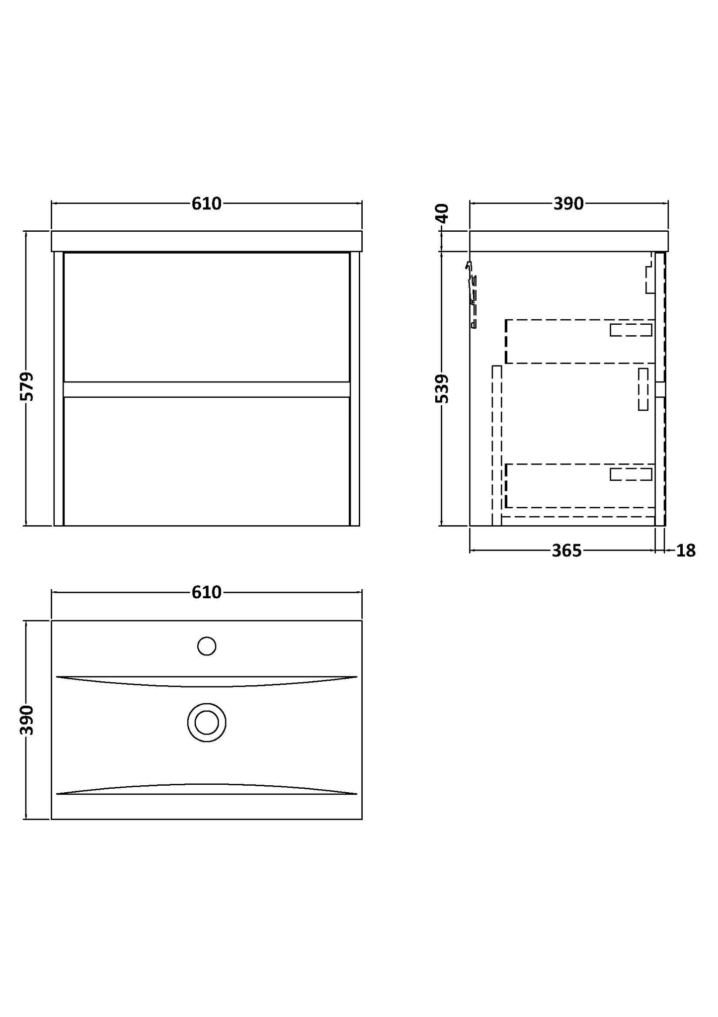 NUIE 600mm Wall Hung 2 Drawer Unit & Basin 1
