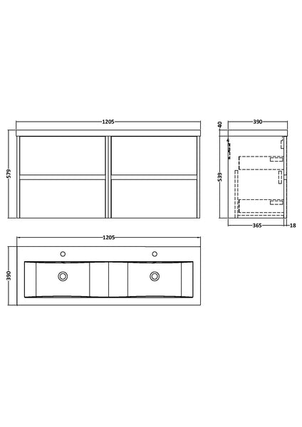 NUIE 1200mm Wall Hung 4 Drawer Unit & Double Basin