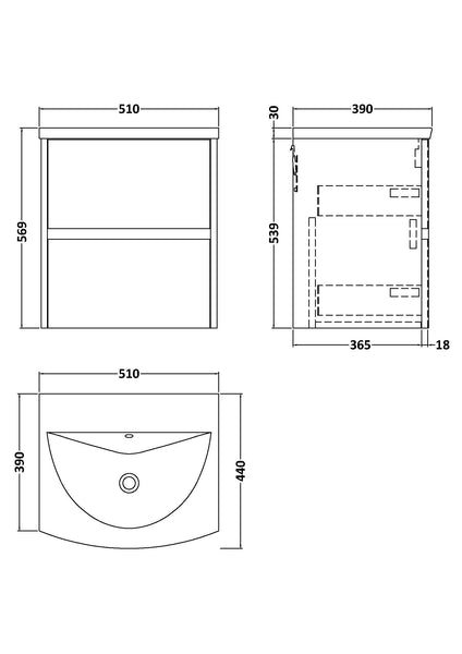 NUIE 500mm Wall Hung 2 Drawer Unit & Basin 4