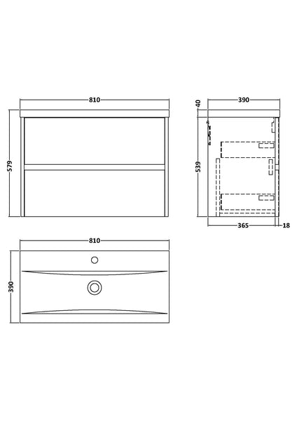 NUIE 800mm Wall Hung 2 Drawer Unit & Basin 1