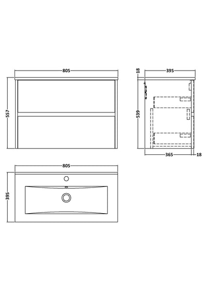 NUIE 800mm Wall Hung 2-Drawer Unit & Basin 2