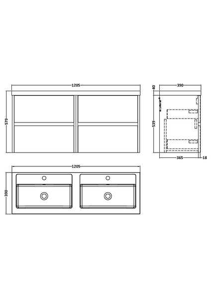 NUIE 1200mm Wall Hung 4 Drawer Unit & Double Basin