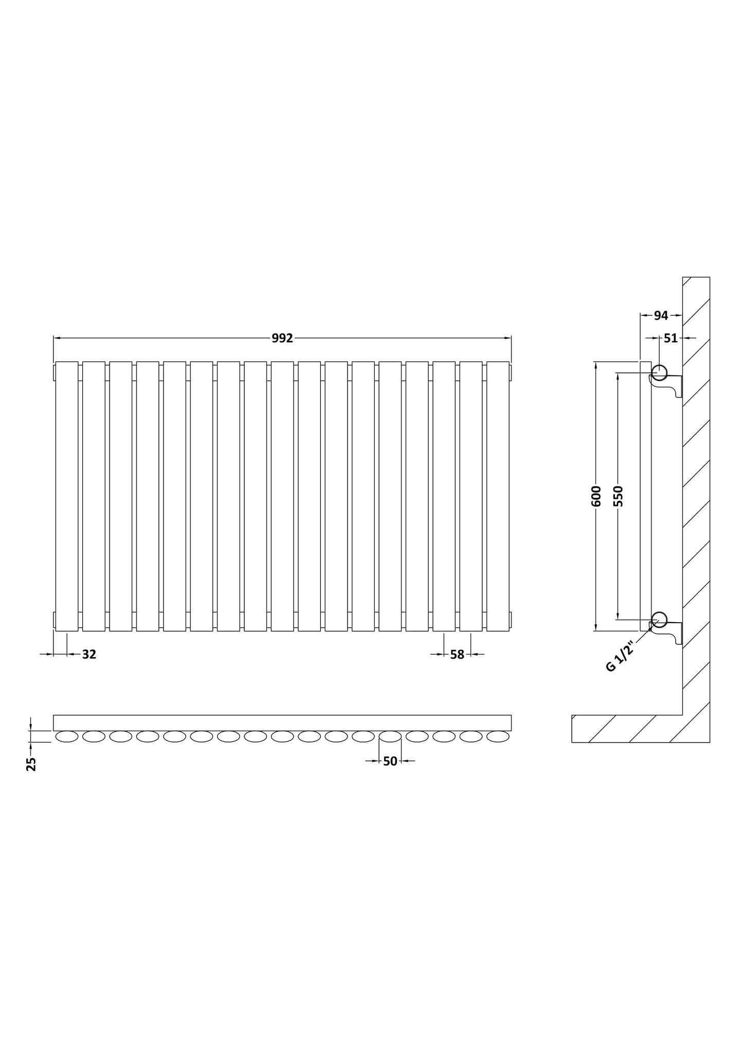 NUIE Horizontal Single Panel Radiator 600 x 992