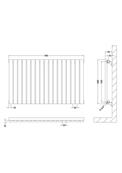 NUIE Horizontal Single Panel Radiator 600 x 992