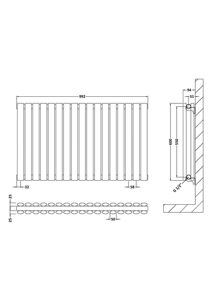 NUIE Horizontal Double Panel Radiator 600 x 992