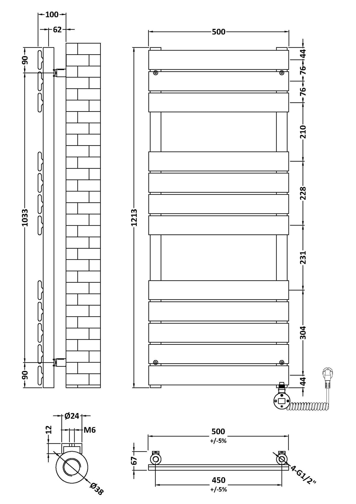 NUIE Square Flat Towel Radiator 1213x500