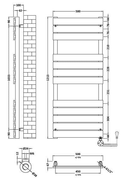 NUIE Square Flat Towel Radiator 1213x500
