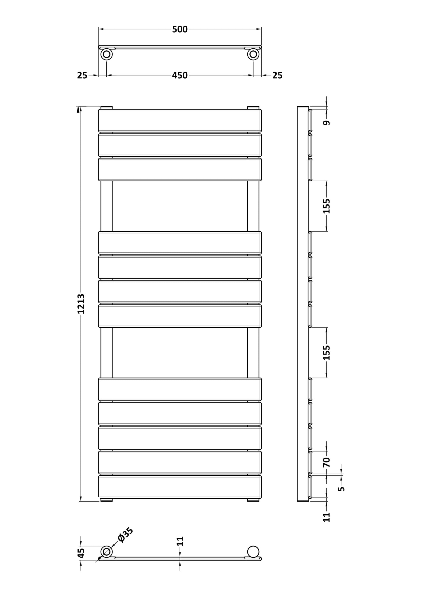 NUIE Square Flat Towel Radiator 1213x500