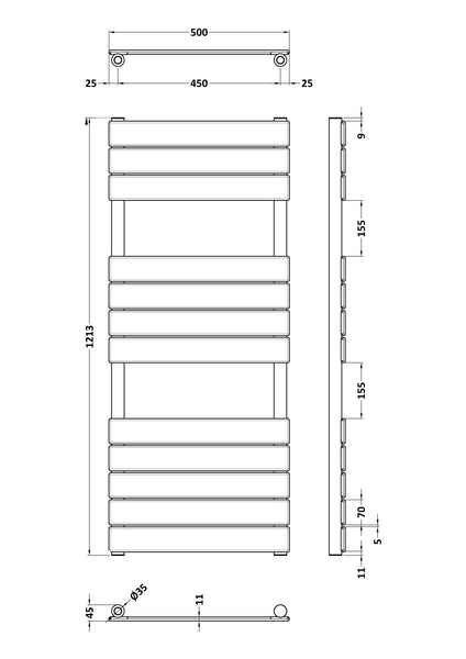 NUIE Square Flat Towel Radiator 1213x500