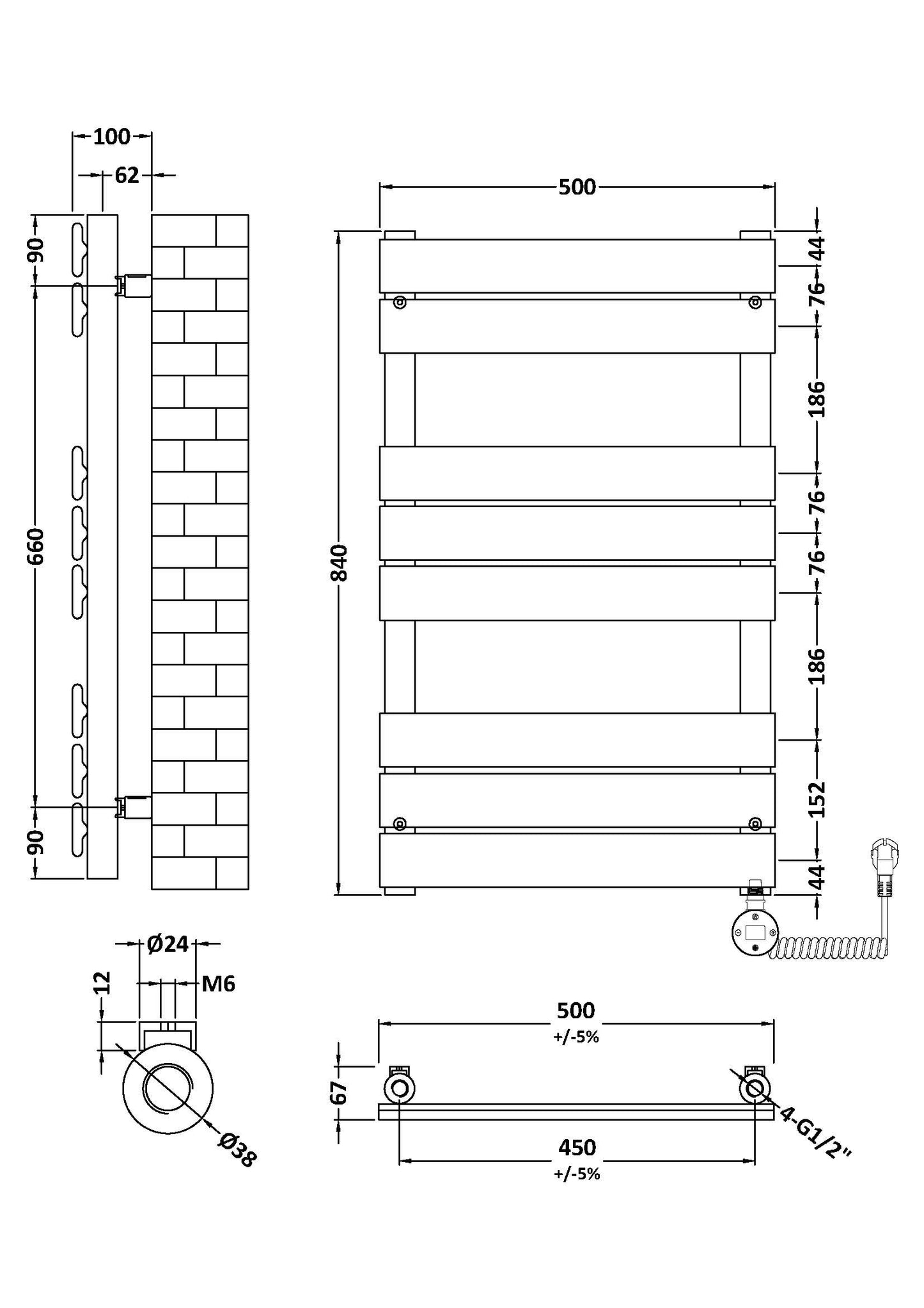 NUIE Square Flat Towel Radiator 840x500