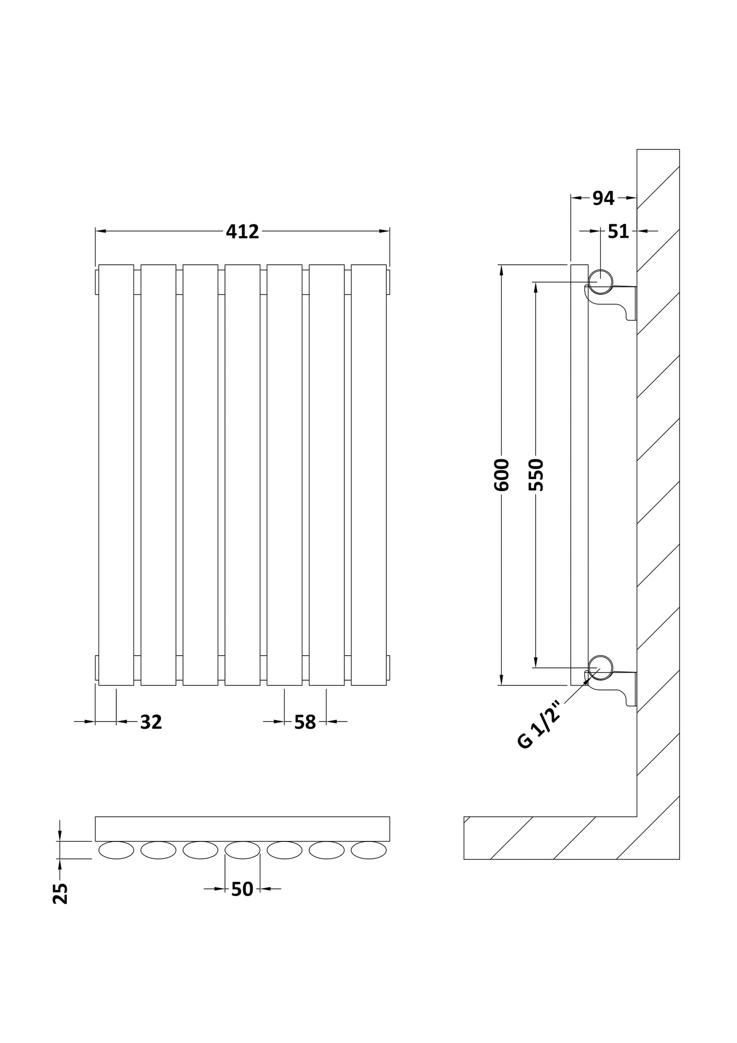 NUIE Horizontal Single Panel Radiator 600 x 412