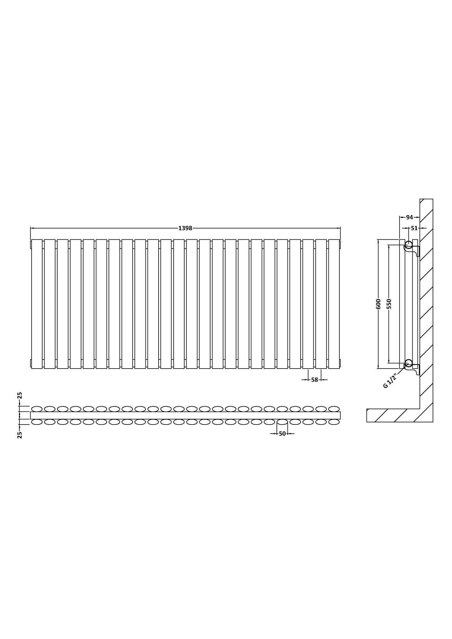NUIE Horizontal Double Panel Radiator 600 x 1398