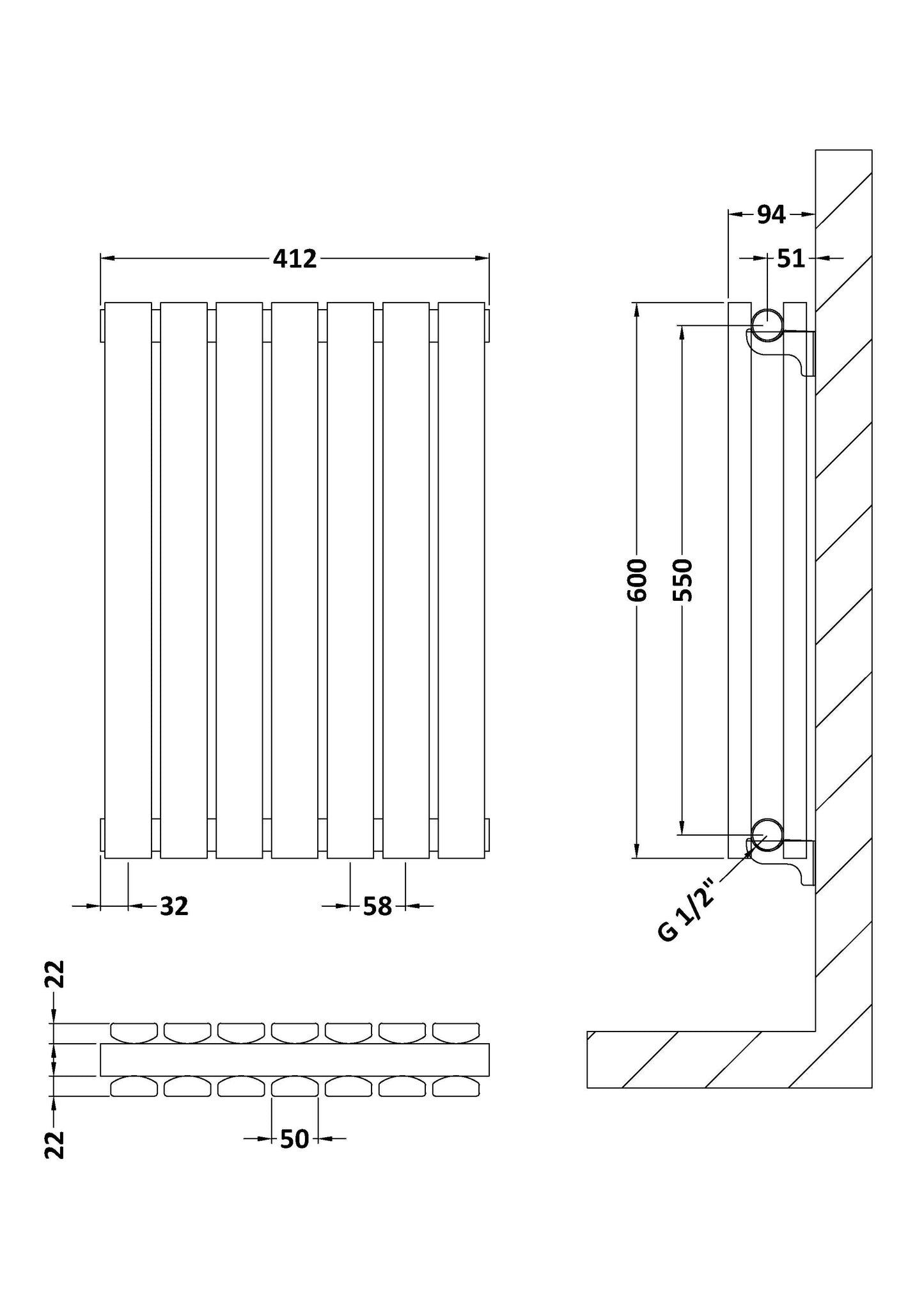 NUIE Horizontal Double Panel Radiator 600 x 412