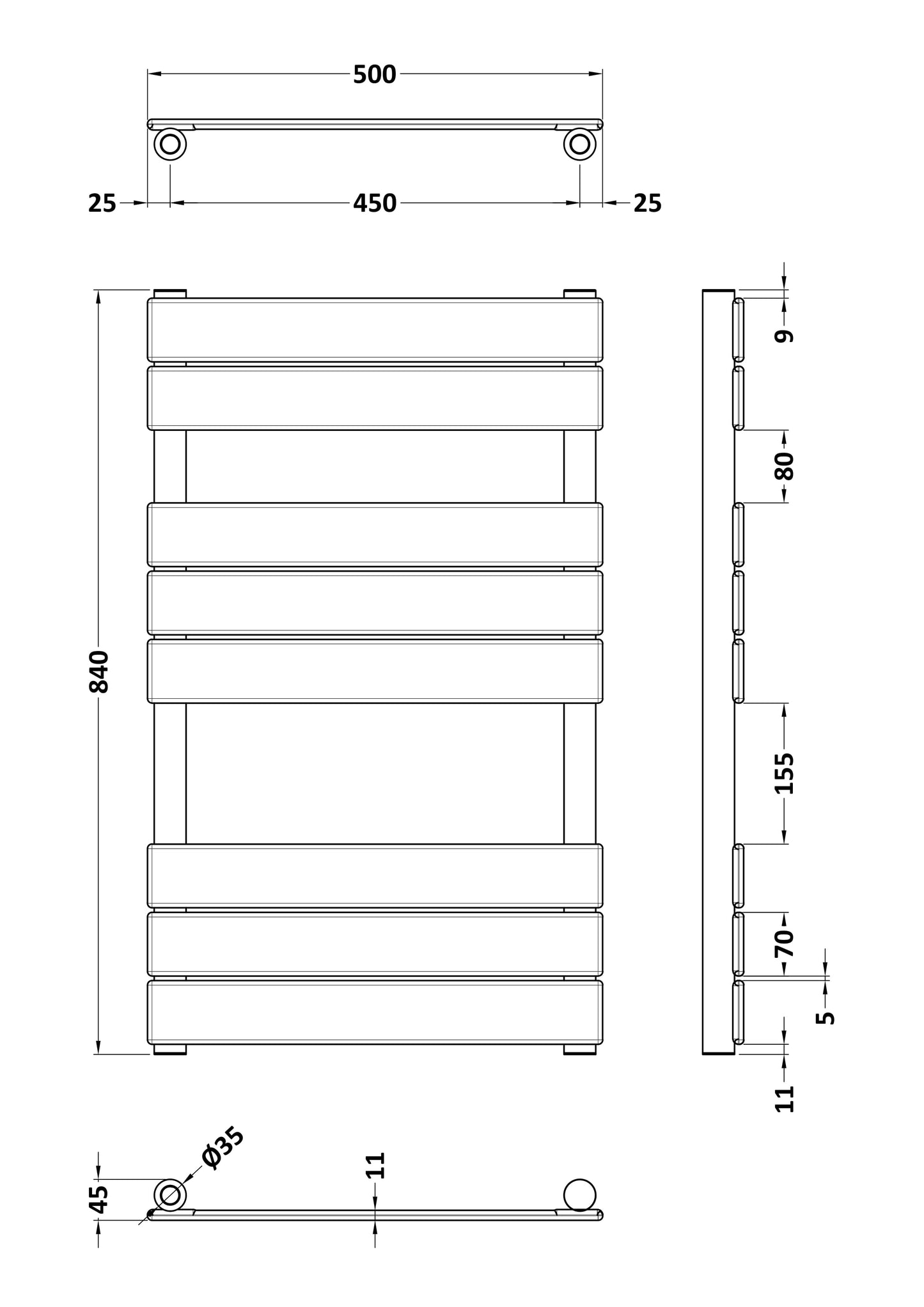 NUIE Square Flat Towel Radiator 840x500