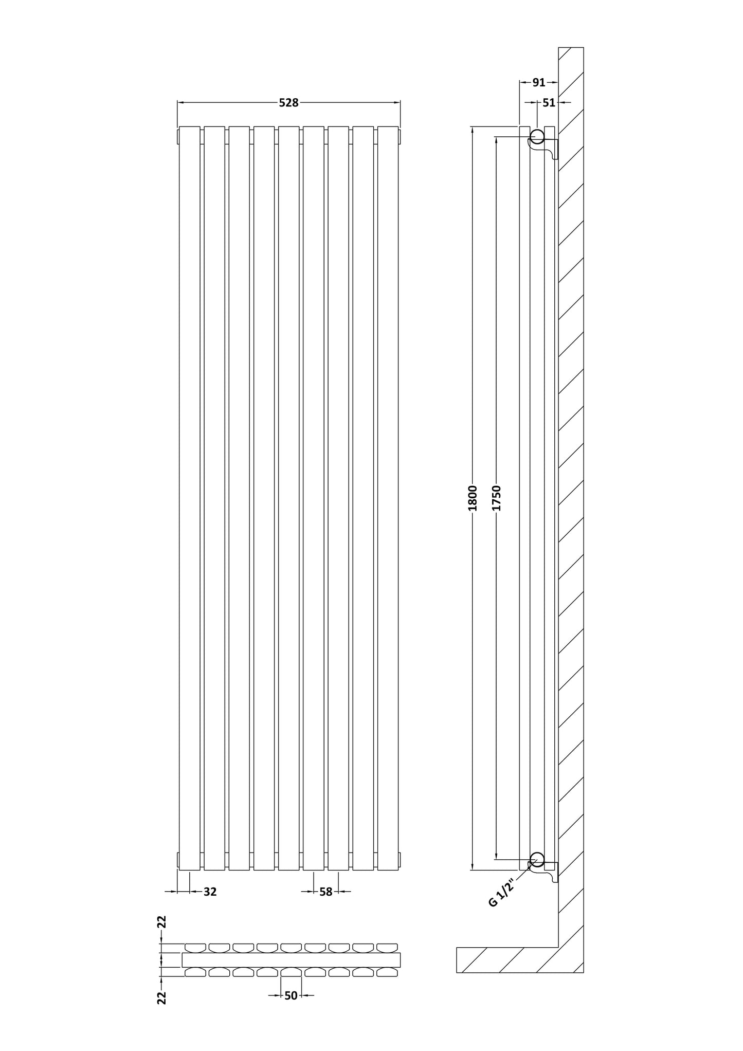 NUIE Vertical Double Panel Radiator 1800 x 528