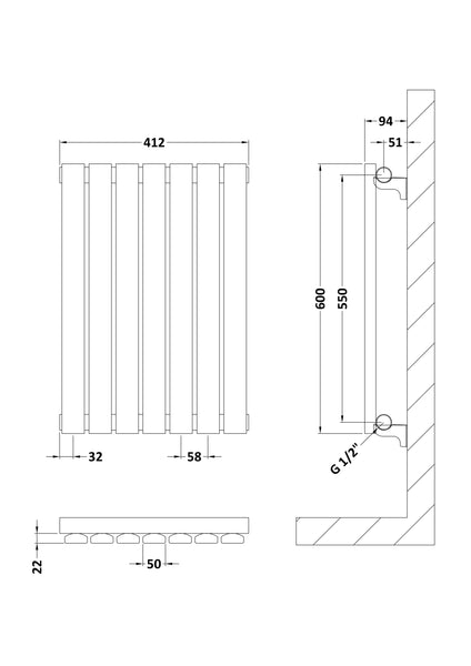 NUIE Horizontal Single Panel Radiator 600 x 412