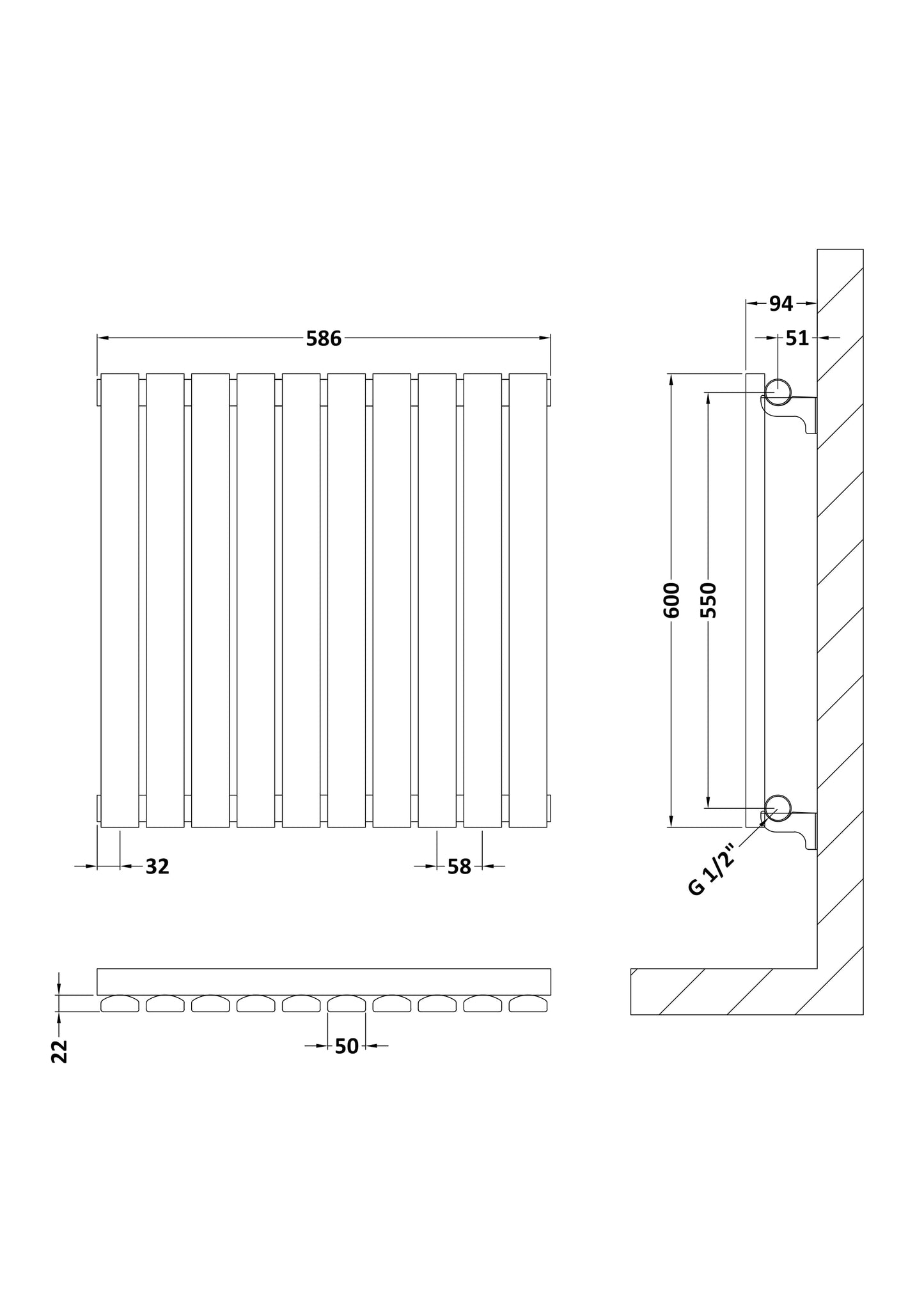 NUIE Horizontal Single Panel Radiator 600 x 586