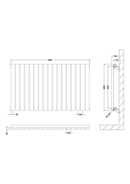 NUIE Horizontal Single Panel Radiator 600 x 992