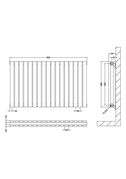 NUIE Horizontal Double Panel Radiator 600 x 992