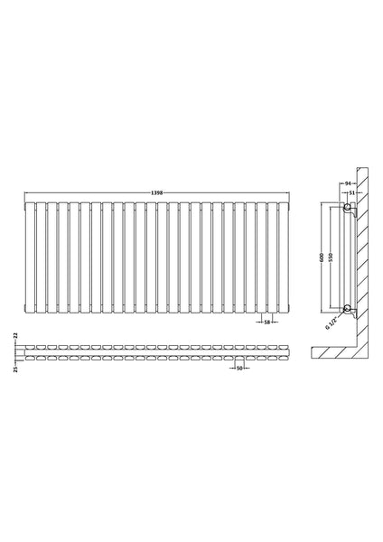 NUIE Horizontal Double Panel Radiator 600 x 1398