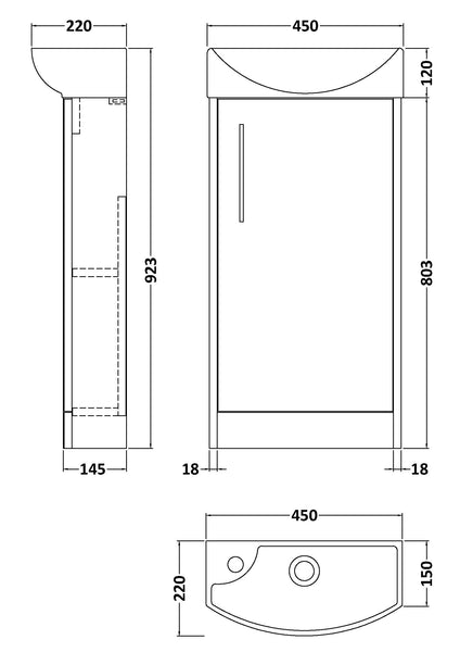 Hudson Reed 440mm Floor Standing 1 Door Unit & 1TH Basin RH