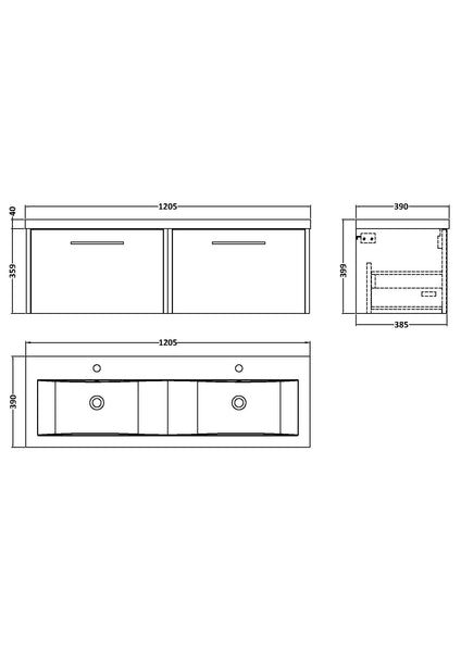 Hudson Reed 1200mm Wall Hung 2 Drawer Vanity & Double Basin
