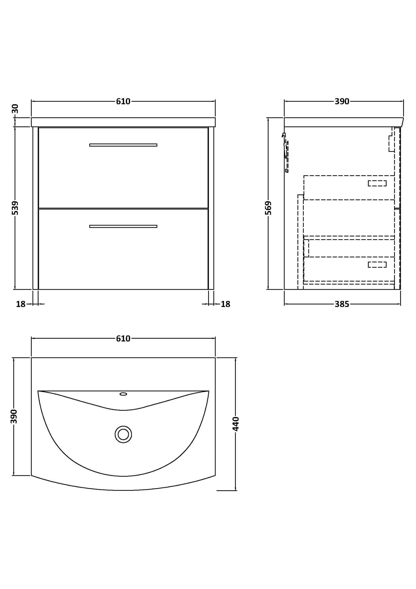 Hudson Reed 600mm Wall Hung 2 Drawer Vanity & Basin 4