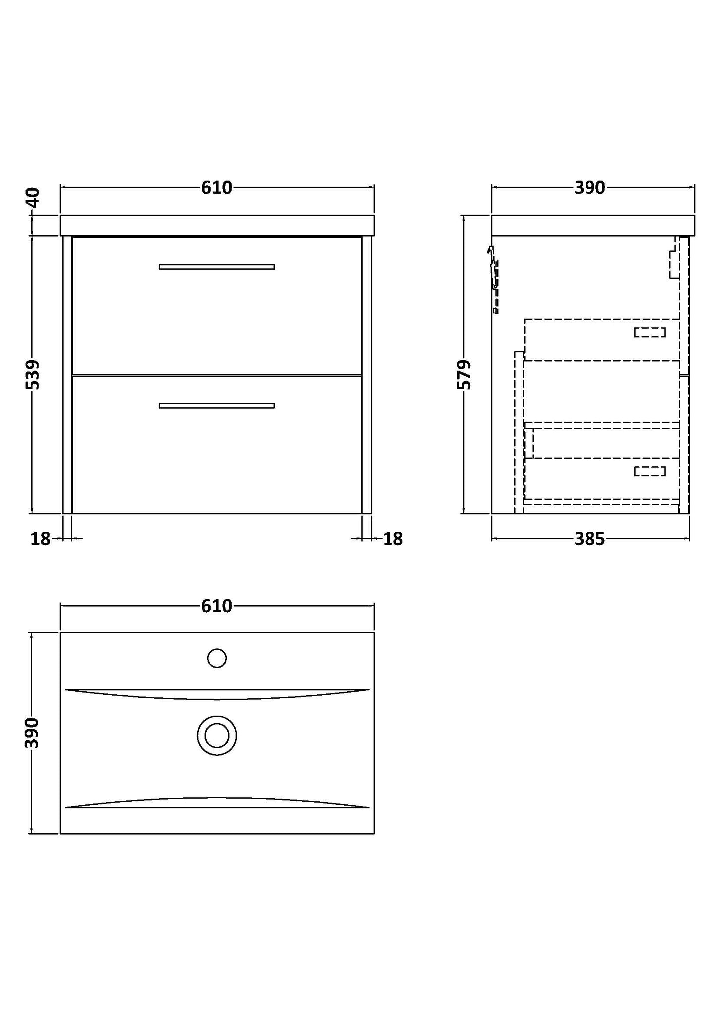 Hudson Reed 600mm Wall Hung 2 Drawer Vanity & Basin 1