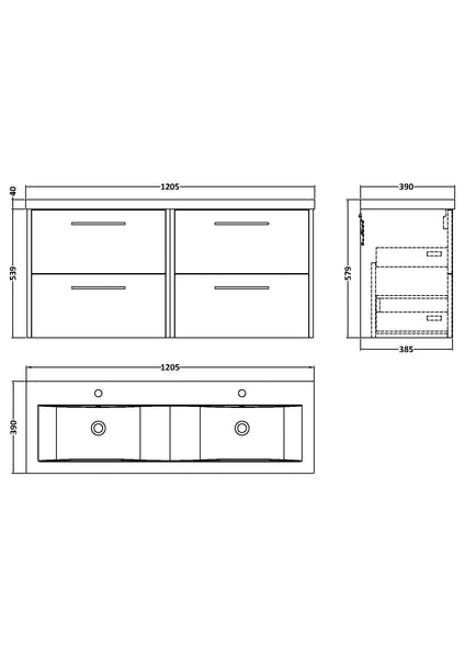 Hudson Reed 1200mm Wall Hung 4 Drawer Vanity & Double Basin