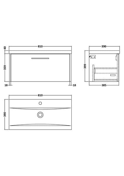 Hudson Reed 800mm Wall Hung Single Drawer Vanity & Basin 1