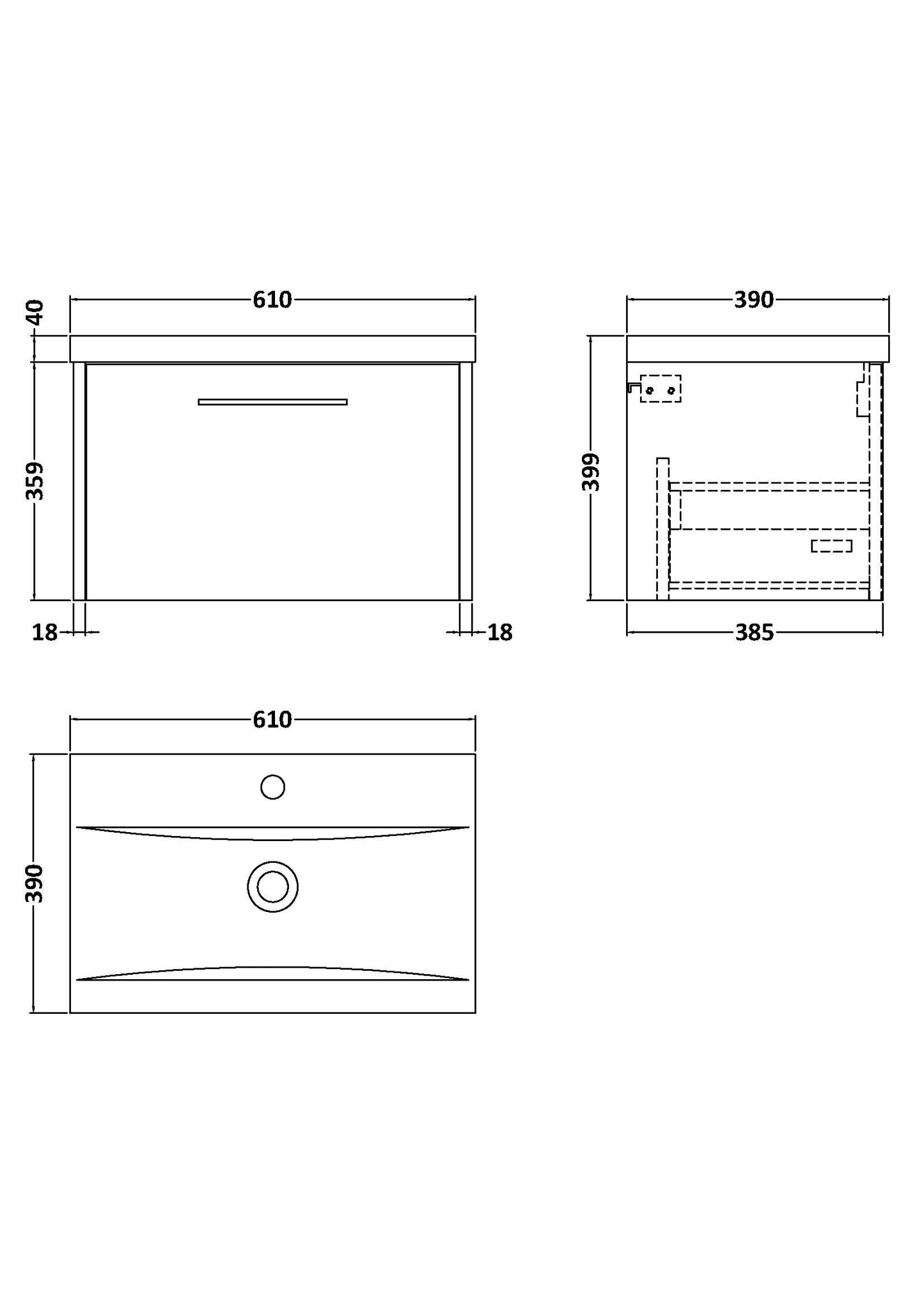 Hudson Reed 600mm Wall Hung 1 Drawer Vanity & Basin 1